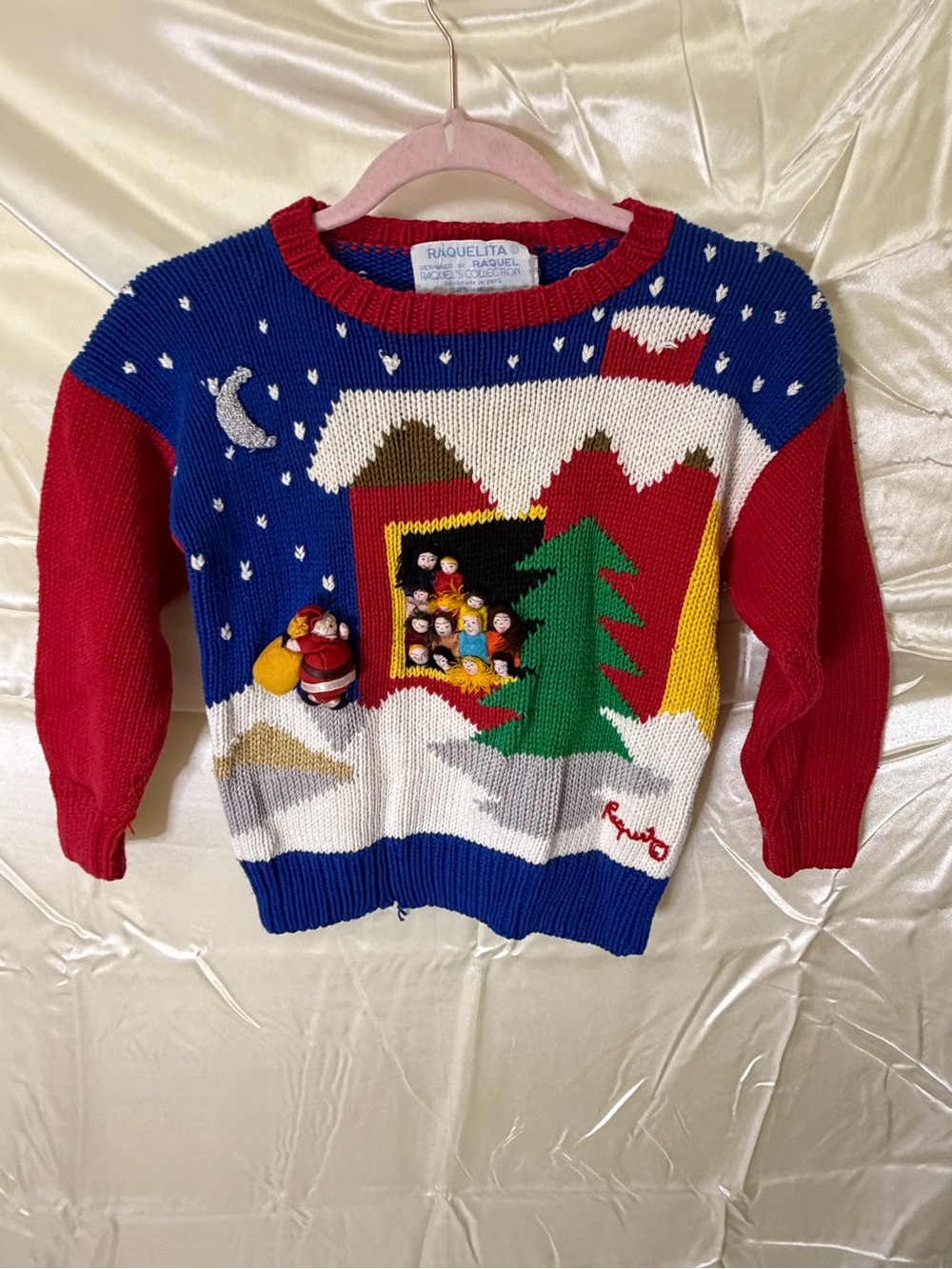 Vintage Raquelita Kids Christmas Sweater L 3D Santa Carolers Handmade Peru